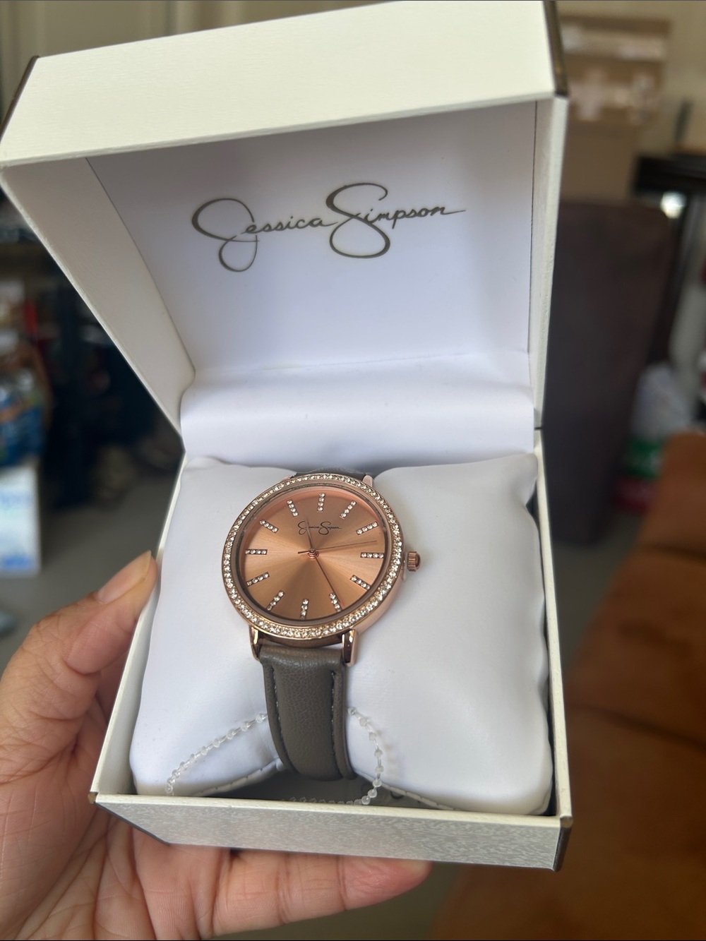 Jessica Simpson Rose Gold Face Watch with gray Strap